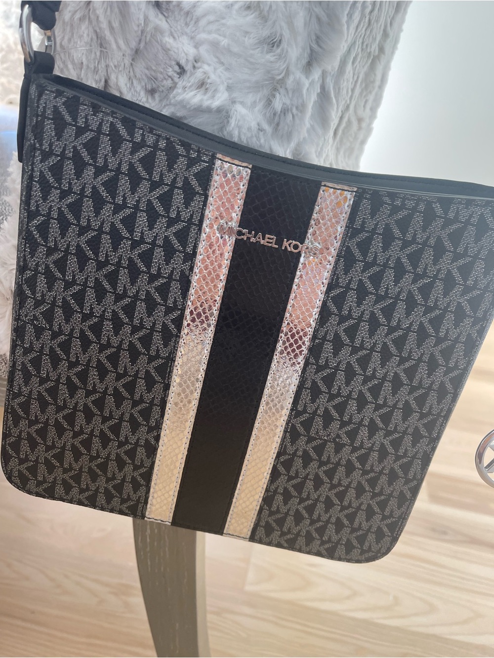 Michael Kors Black Crossbody with Rose Gold and Silver Stripe Accents